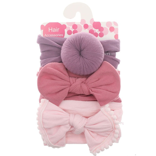 New 3pcs/lot Fashion Baby Nylon Bow Headband Newborn Bowknot Round Ball Headwrap Flower Turban Girls Kids Hair Bands Gift Sets